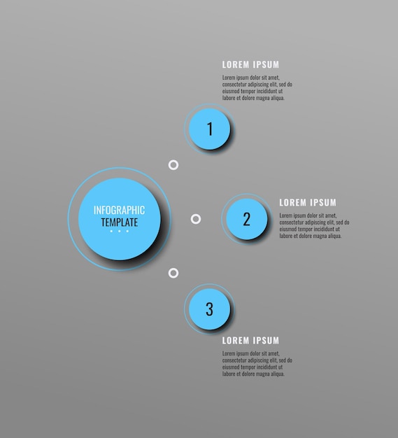 Modello di infografica aziendale grigio verticale con tre elementi rotondi azzurri e caselle di testo