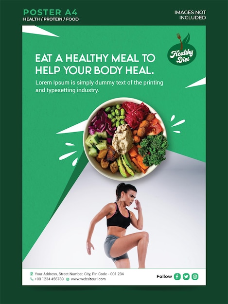 Vector vertical green color poster template for protein diet and gym with woman vector illustration