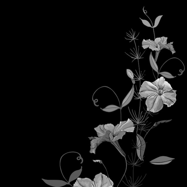 Vettore cartolina d'auguri verticale con fiori petunia in bianco e nero