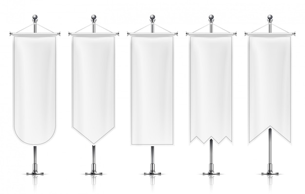 Vertical hanging banners. White empty flags on metal post. 