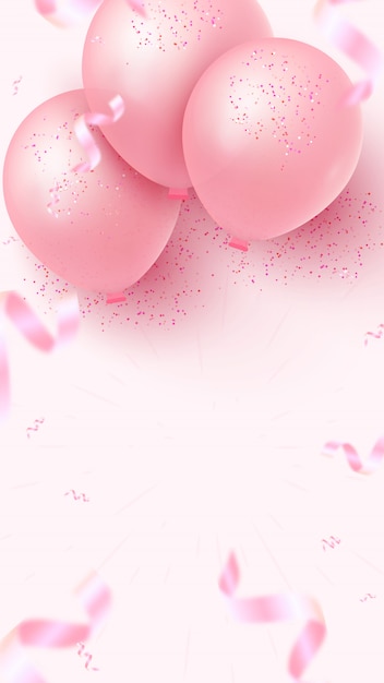 Vertical holiday banner design with pink air balloons, falling foil confetti and empty space for your creativity on rosy background. Women's Day, Mother's Day, Birthday, Wedding, Anniversary template