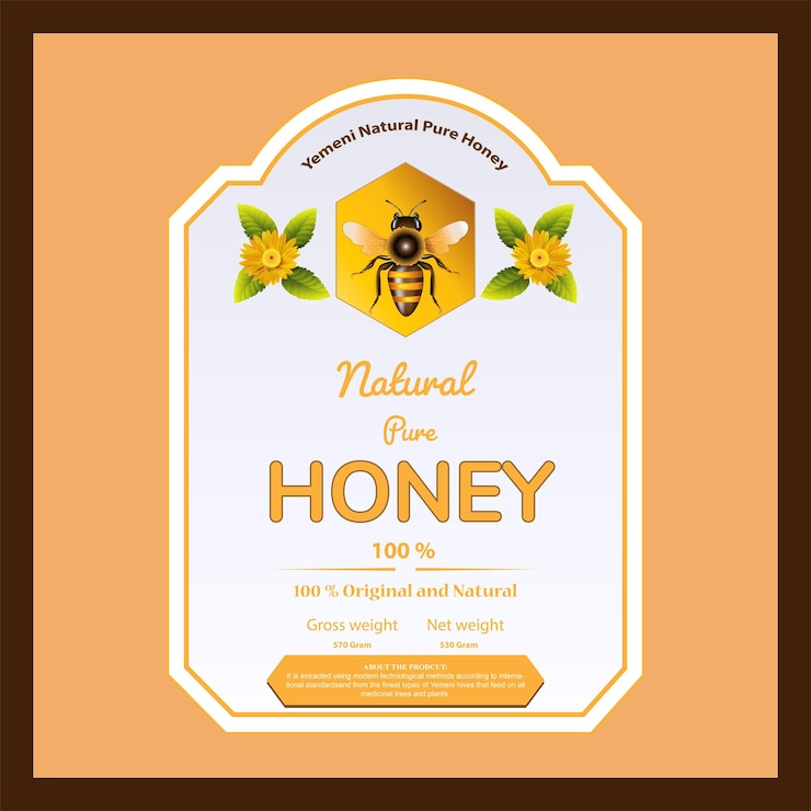 Vector vertical honey label background design vector with honey bee and sunflowers