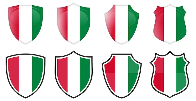 Vertical Hungary flag in shield shape, four 3d and simple versions. Hungarian icon / sign