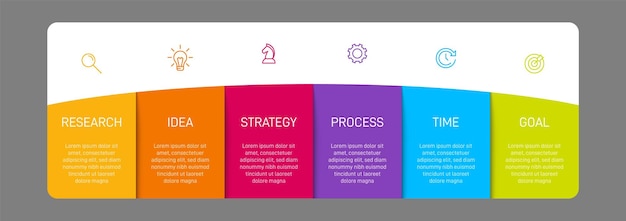 아이콘과 6개의 옵션 또는 단계가 있는 세로형 인포그래픽 디자인. 인포 그래픽 비즈니스 개념