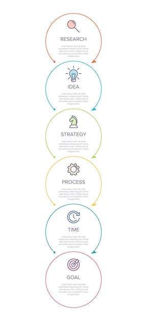 아이콘과 6개의 옵션 또는 단계가 있는 수직 인포그래픽 디자인. 가는 선. 비즈니스 개념입니다.