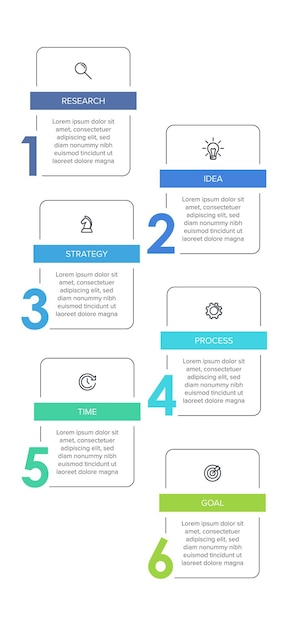 Design infografico verticale con icone e 6 opzioni o passaggi