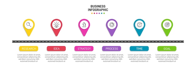 Vertical infographic design with icons and 6 options or steps.