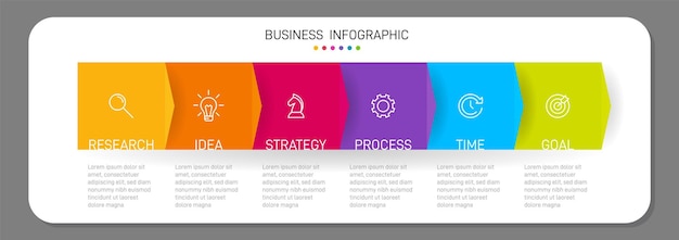 아이콘과 6개의 옵션 또는 단계가 있는 세로형 인포그래픽 디자인. 인포 그래픽 비즈니스 개념