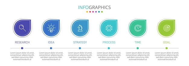 Вертикальный инфографический дизайн с иконками и 6 вариантами или шагами