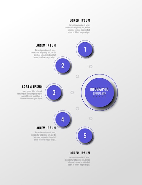 Vertical infographic template with five violet round elements on a white background