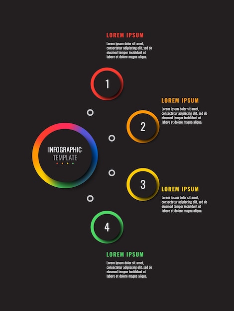 Modello infografico verticale con quattro elementi rotondi multicolori su sfondo nero