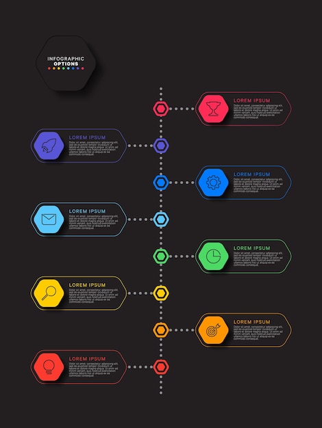 Modello di timeline infografica verticale con elementi esagonali multicolori su sfondo nero