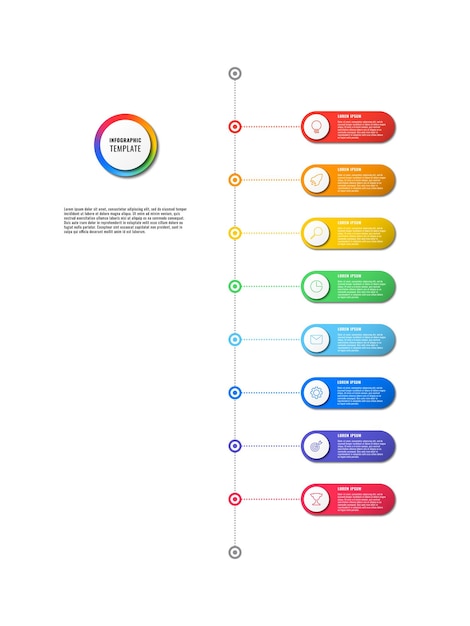 вертикальный инфографический шаблон временной шкалы с разноцветными круглыми элементами на белом фоне