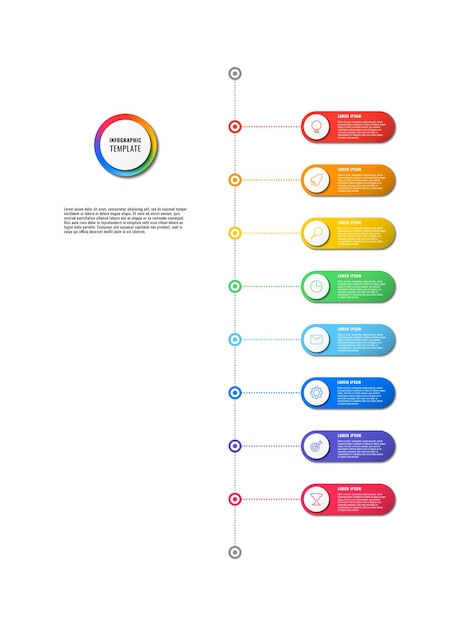 白い背景の上の多色の丸い要素を持つ垂直インフォグラフィックタイムラインテンプレート