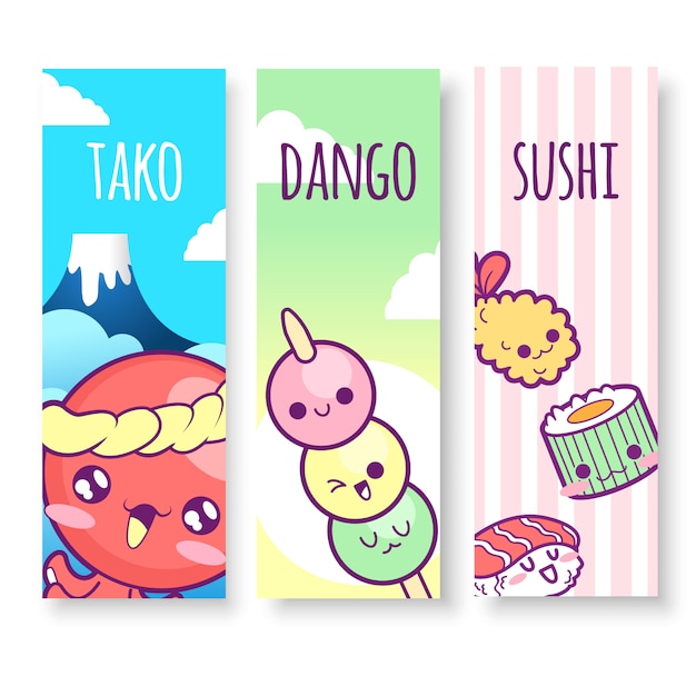 Illustrazioni verticali in giappone di tako, dango e sushi in stile kawaii