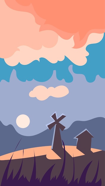 Vertical landscape illustration background, windmill at dawn