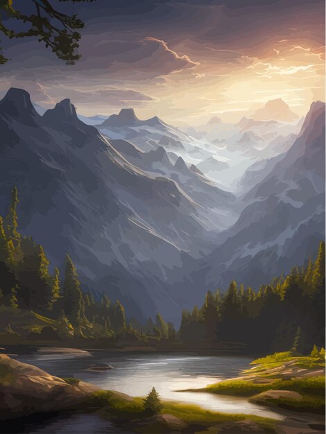 Вектор Вертикальный пейзаж с туманной горной рекой и соснами на фоне дикой природы восхода солнца