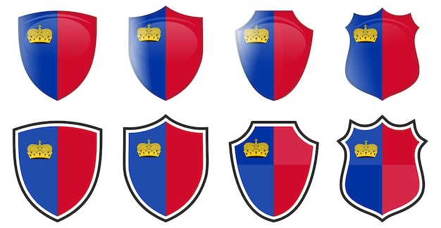盾の形をした垂直のリヒテンシュタインの国旗、4 つの 3 d および単純なバージョン。