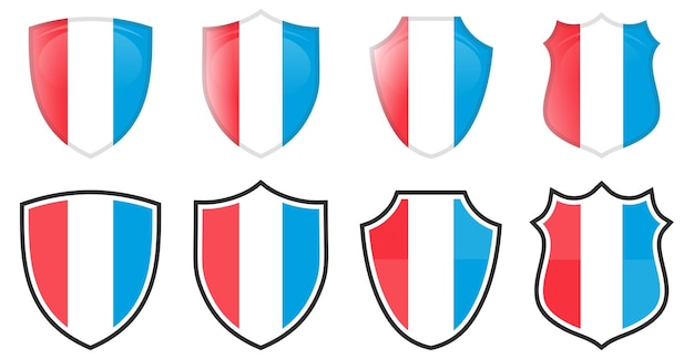 Vertical Luxembourg flag in shield shape, four 3d and simple versions.