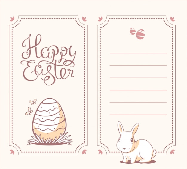  vertical monochrome color illustration of Happy Easter greetings with light bunny and egg on white background.