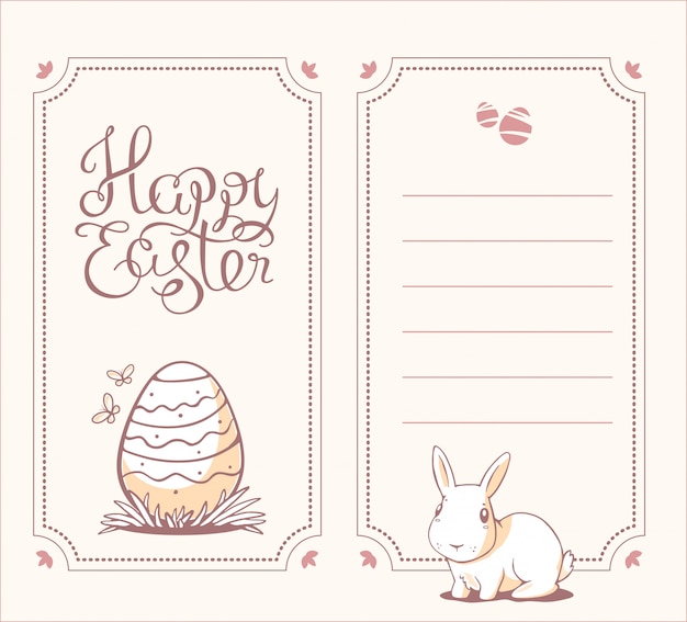 Vertical monochrome color illustration of happy easter greetings with light bunny and egg on white background.