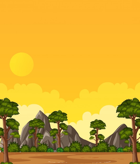 Vettore scena della natura o campagna verticale del paesaggio con la vista della foresta e la vista gialla del cielo di tramonto