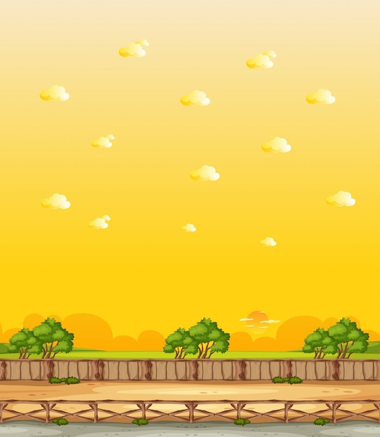 Vector vertical nature scene or landscape countryside with forest view and yellow sunset sky view