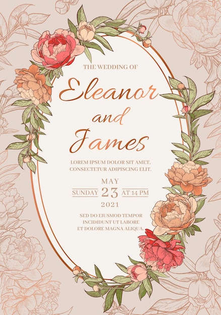 Vector vertical peony flower frame a wedding invitation template hand drawn vector illustration