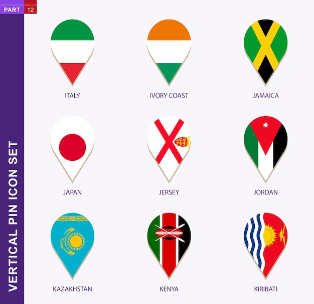 Vector vertical pin icon set, 9 country flag: italy, ivory coast, jamaica, japan, jersey, jordan, kazakhstan, kenya, kiribati