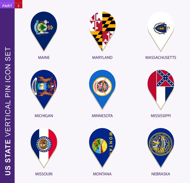 Vector vertical pin icon set, 9 us staes flag: maine, maryland, massachusetts, michigan, minnesota, mississippi, missouri, montana, nebraska