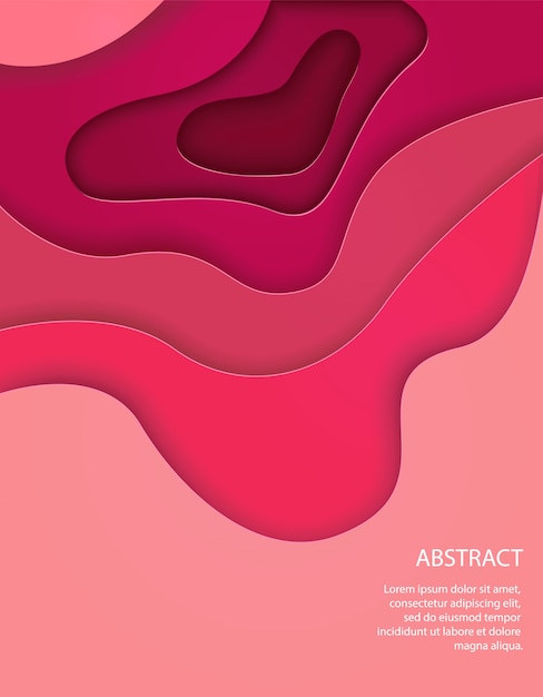 Vector vertical pink background with 3d abstract waves and paper cut shapes.