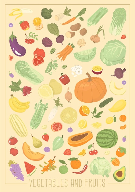 Vertical poster A3 format with the image of vegetables and fruits in vintage style Design for a farmers market Production of organic products Vector illustration