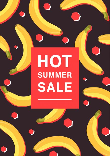 Vertical poster on hot summer sale theme. bright promotional flyer with bananas, red polygons and inscription. colorful advertising