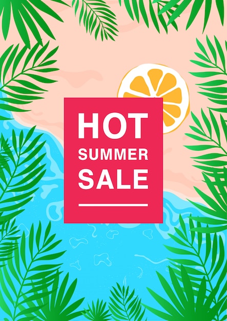 Вертикальный плакат на тему продажи жаркого лета. Яркий рекламный флаер с берега, пляжа и пальмовых листьев, ломтик лимона.