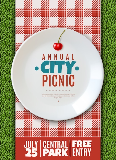 Vettore invito poster verticale al piatto annuale in porcellana bianca per picnic in famiglia