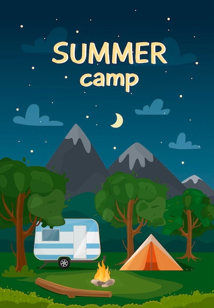여름 캠프 자연 관광 캠핑 밤 풍경을위한 수직 포스터