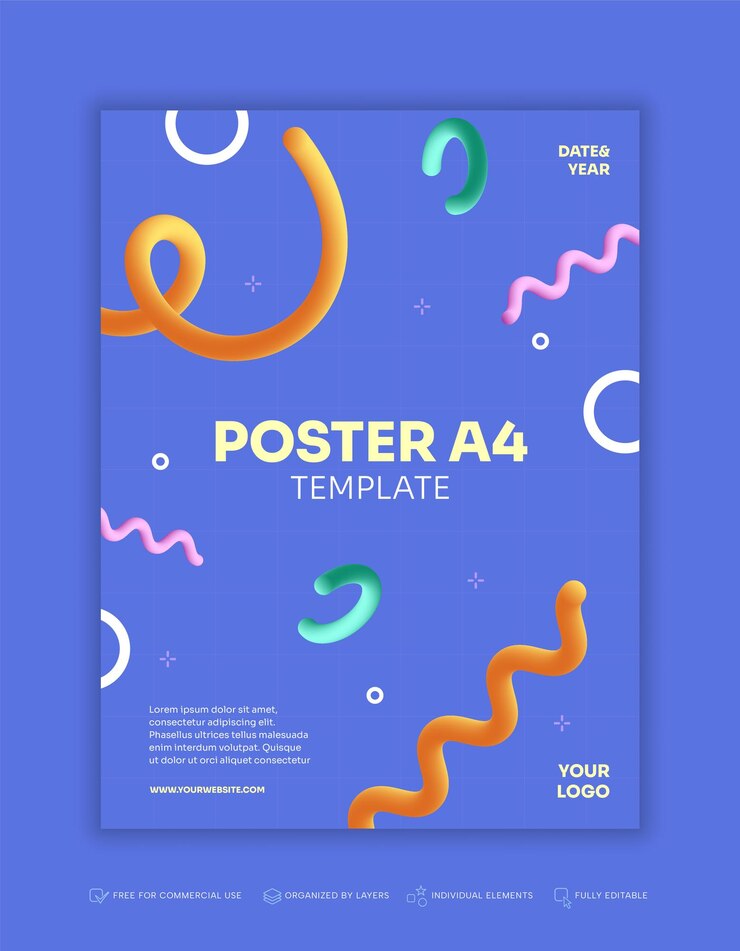 Vector 생생한 색상과 기하학적 둥근 모양을 가진 3d 트렌드를 위한 수직 포스터 템플릿