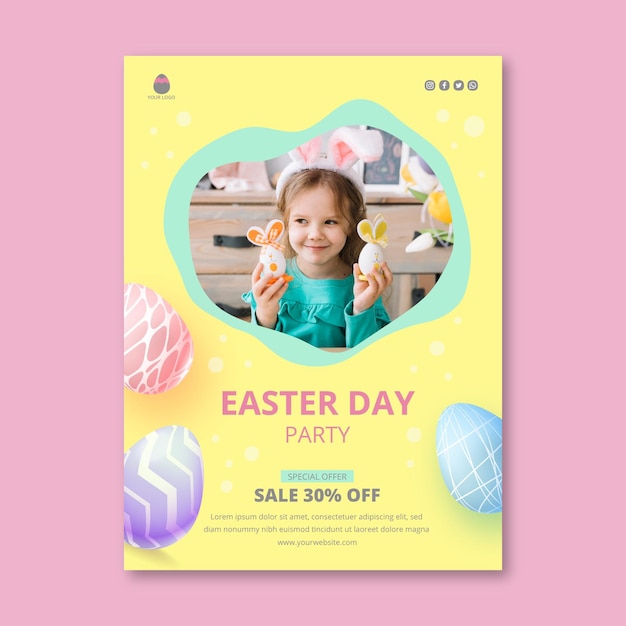 Vector vertical poster template for easter with eggs and little girl