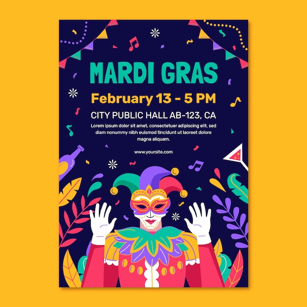 Vettore modello di poster verticale per la celebrazione del carnevale di mardi gras