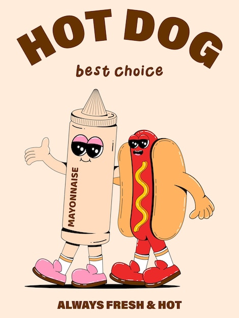 Vettore poster verticale con simpatici personaggi di hot dog con maionese in stile cartone animato retrò