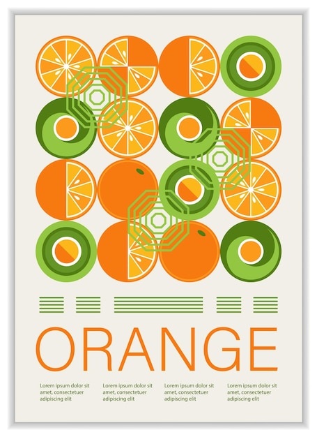 Vertical poster with fruit orange abstract shapes in simple geometric bauhaus style Good for branding decoration of food package cover design decorative print background wall decoration