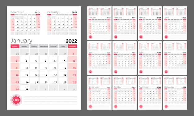 Vertical quarterly calendar for 2022 Week starts on Sunday A set of 12 calendar pages template