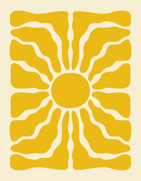 Vector vertical retro groovy background with bright sunburst in style 60s 70s