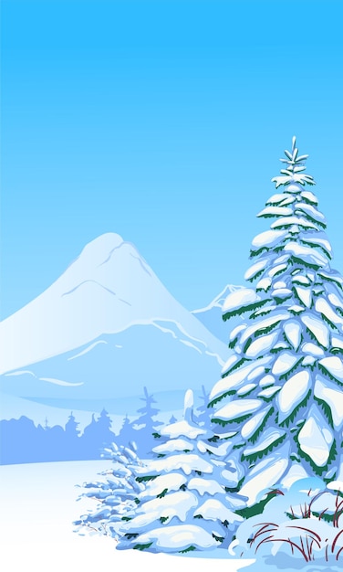 Vertical scene with falling snow Snowcovered trees firs against the backdrop of forests and mountains Vector illustration Christmas scene