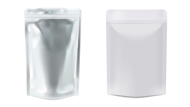 Vector vertical sealed empty white plastic and foil bags, 3 d realistic.realistic blank food packaging