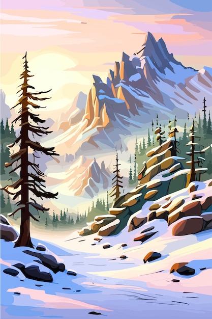 Вектор Вертикальный снегопад в зимнем лесу на фоне гор