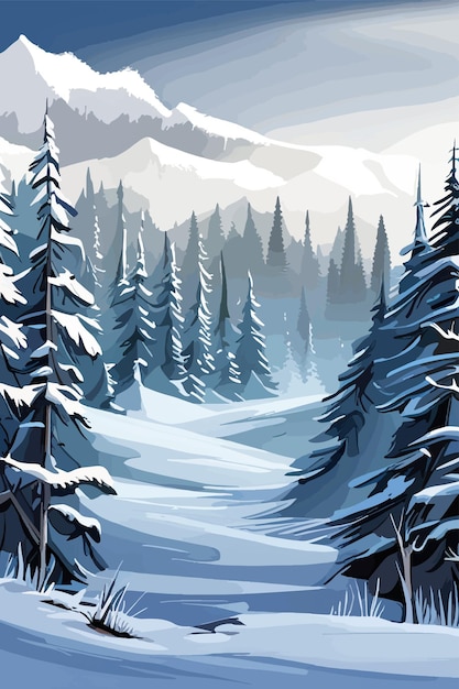 Vector vertical snowfall in winter forest on the background of mountains vector illustration vector