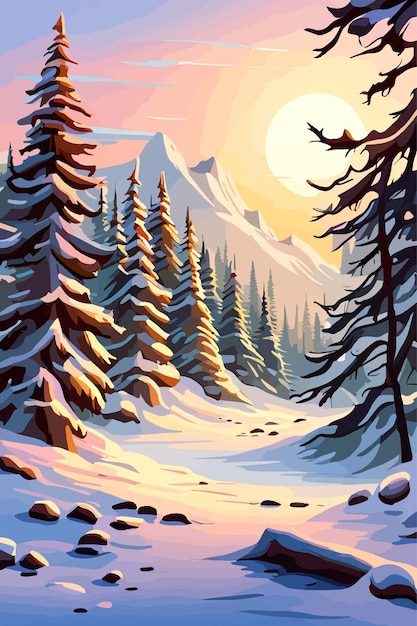 Vector vertical snowfall in winter forest on the background of mountains vector illustration vector