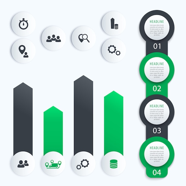 Вертикальная шкала времени, элементы для бизнес-инфографики, 1, 2, 3, 4, пошаговые метки и диаграмма, серого и зеленого