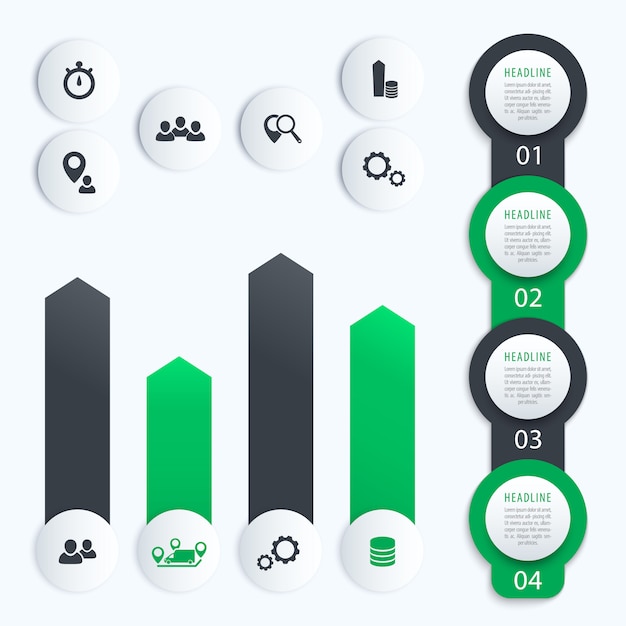 垂直タイムライン、ビジネスインフォグラフィックの要素、1、2、3、4、ステップラベルとグラフ、灰色と緑色